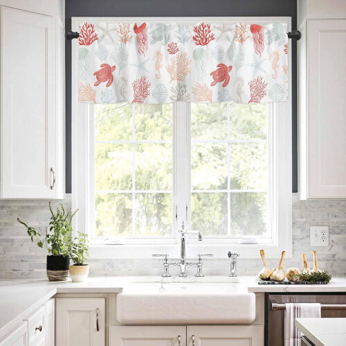 Red Orange Coastal Kitchen Curtains with Valances 24 inch 2