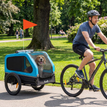 (Blue) PawHut Dog Bike Trailer w/ Flip-Down Ramp Tailgate, Reflectors