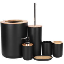 6Pcs Bathroom Set Bamboo Wood Black, Soap Dispenser, Toothbrush Holder
