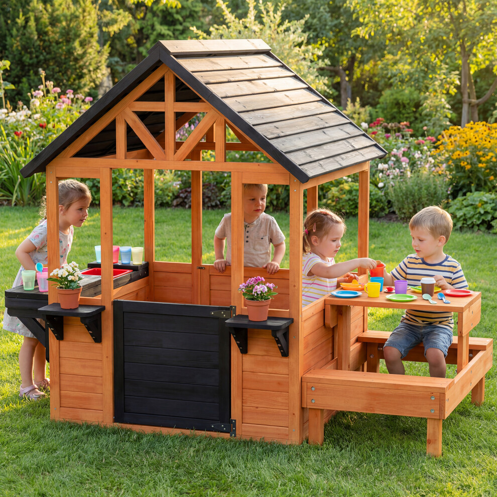 Aiyaplay Wooden Playhouse For Kids With Table And Benches For Age 3-8, Brown