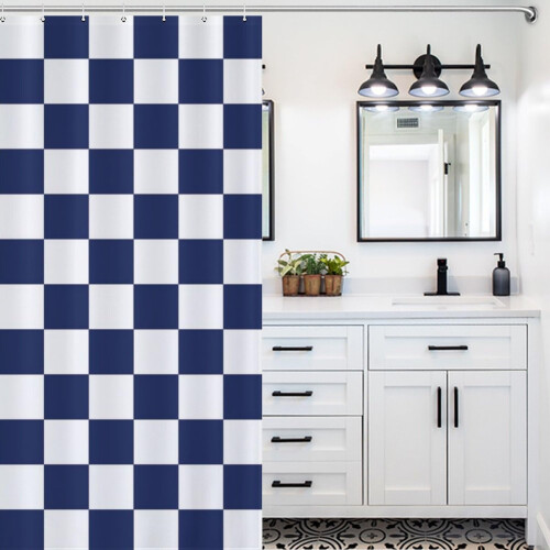 Ohocut Checkered Shower Curtain, Navy Blue Shower 2