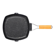 Sartén Plegable y Portátil para Picnic, Parrilla, Mango de Madera Anti-Quemaduras, Sartén para Carnes de Doble Boca (Sin Tapa)