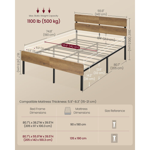 VASAGLE VASAGLE Double Metal Bed Frame, 135 x 190 cm, LED 1