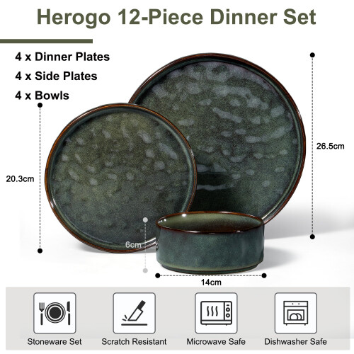 Herogo 12 Piece Dinner Set, Stoneware Dinnerware 1