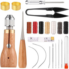 24pcs Leather Sewing Awl Kit with Straight Curved Threads Screwdriver Scissors Tape Measure for , Furniture Repair