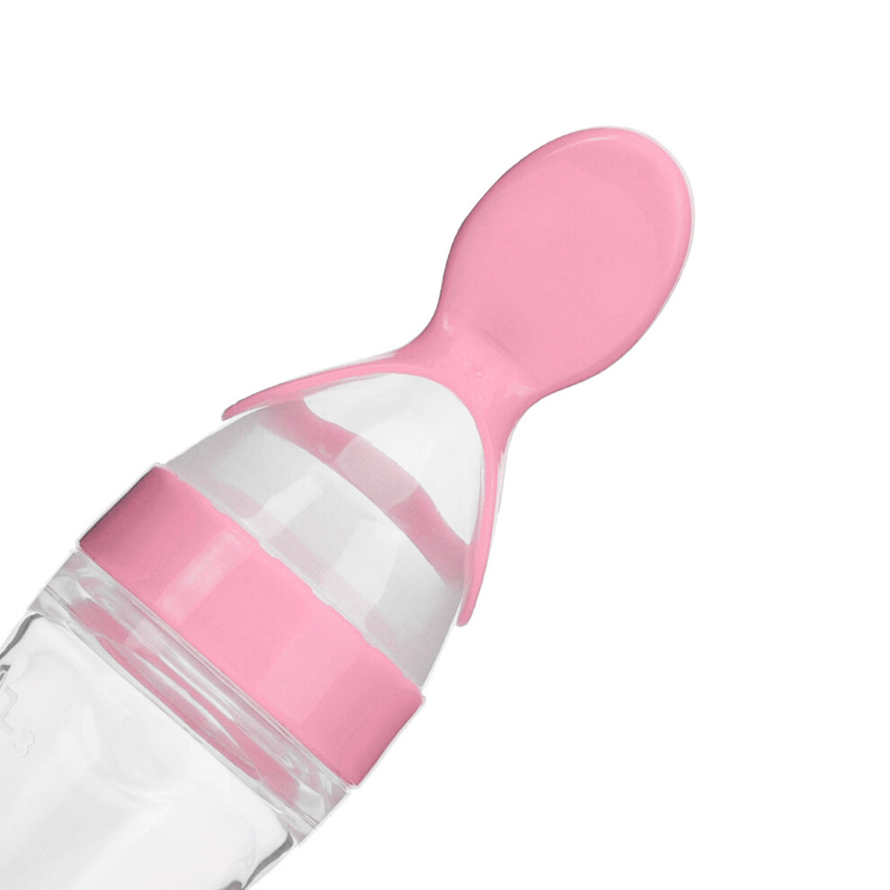90Ml Silicone Baby Bottle & Spoon Toddler Feeding Squeeze Cereal Feeder Pink