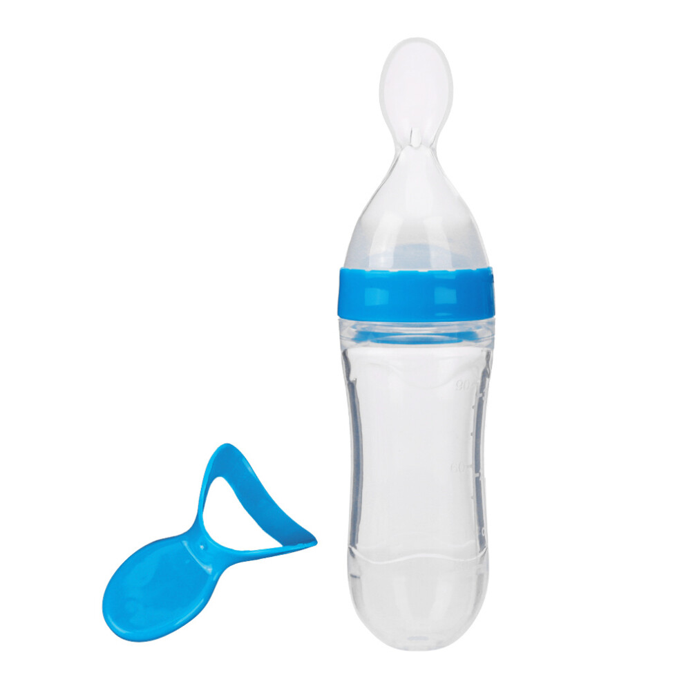 Silicone Baby Squeeze Feeder 90Ml With Spoon Food Cereal Bottle Blue