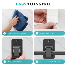 Adhesive No Drill Curtain Rod Brackets - Heavy Duty 30LB Holders, Universal Damage-Free Window Rod Hooks (4PC Black)