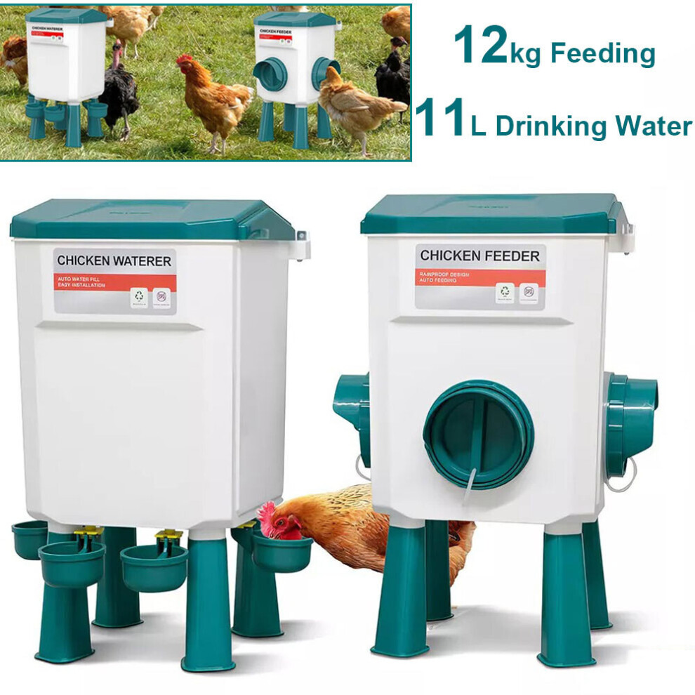 12kg Chicken Feeder and 11L Waterer Set Hen Drinkers Poultry Feeders Auto Bird