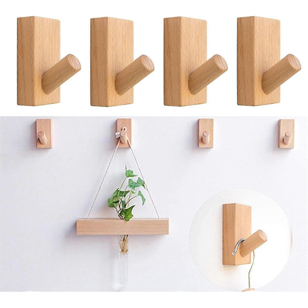4Pcs Natural Wooden Coat Hooks, Wood Wall Hooks, Adhesive Hooks Hat Hook, Rectangle Beech - DD01-image