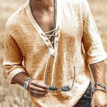 (3XL,yellow)Mens Long Sleeve Cotton Linen Blouse Loose Henley V-neck Tops T Shirts Blouse Uk-9 - DD