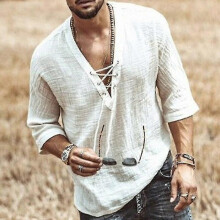 (M,white)Mens Long Sleeve Cotton Linen Blouse Loose Henley V-neck Tops T Shirts Blouse Uk-9 - DD