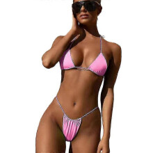 (Pink)Lace-up Bikini Sexy Solid Color Two-piece Ladies Swimsuit Set - Ri
