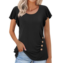 Flowy Ruffle Short Sleeve for Women Neck Shirts-Black XXL