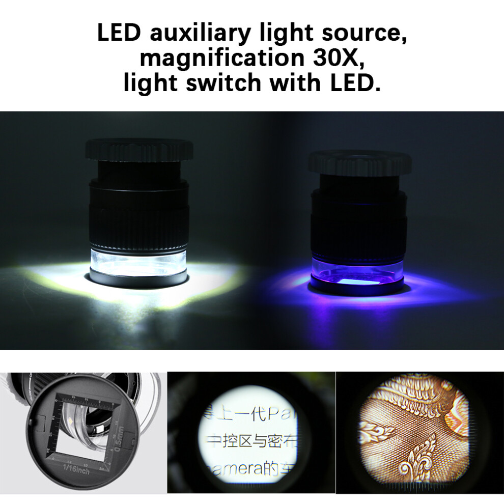 Cylindrical Scale Jewelry Loupe 30X Magnifier with LED Lights & UV Lamp