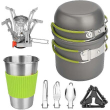 Camping Tableware Set 9-piece Camping Cooking Cutlery Mini Camping Stove Aluminum Pot Mug Stove Canister Tripod