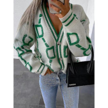 (L,Beige)2023 Autumn Winter Knitted Cardigan Fashion Women Long Sleeve Loose V-neck Sweater Thick Warm Female Green Casual Print Cardigan - PR