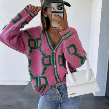 (L,Pink)2023 Autumn Winter Knitted Cardigan Fashion Women Long Sleeve Loose V-neck Sweater Thick Warm Female Green Casual Print Cardigan - PR
