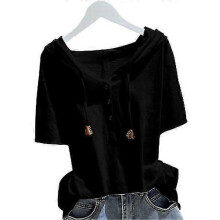 (XL,black)Women Hoodie Short Sleeves Hooded Drawstring Solid Color Loose Soft Casual Pullover Breathable Ladt Summer Top