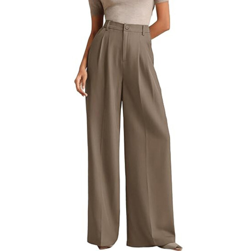 Comfortable High Waist Polyester Pants For Women-Khaki L