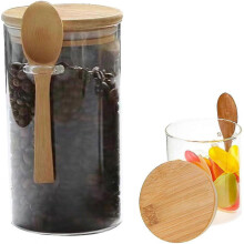 (65*150mm) Airtight Oatmeal Container, Transparent Glass Containers With Lids Wooden Spoon, Glass Canister Pots For Tea, Salt, Sugar