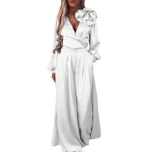 (White, XXL) Ensemble 2 pièces en satin pour femme : chemisier à fleurs 3D et pantalon taille haute
