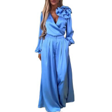 (Blue, M) Ensemble 2 pièces en satin pour femme : chemisier à fleurs 3D et pantalon taille haute