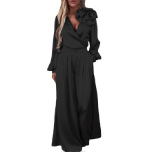 (Black, M) Completo da donna in raso composto da 2 pezzi: camicetta con fiori 3D e pantaloni a vita alta.