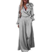 (Grey, M) 2-teiliger Damen-Satinanzug: Bluse mit 3D-Blumenmuster und Hose mit hohem Bund.