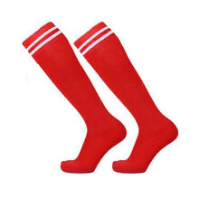 (Red) Chaussettes de football montantes unisexes à double rayure, antidérapantes pour adultes et enfants