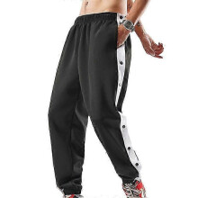 (L, Black White) Men Mid-rise Buttons Pants Splicing Basketball Training Sweatpants
