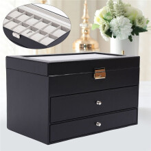 Scatola Porta Orologi, Occhiali da Vista e da Sole In Pelle Nera A 3 Strati con Cassetto Portagioie e Fibbia In Metallo