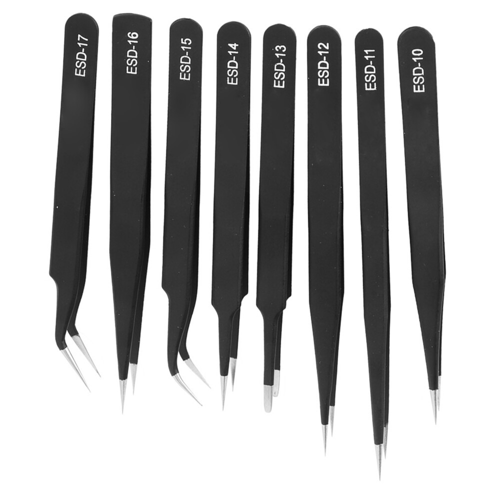 8Pcs Stainless Steel Slant Tweezers Set, ESD-10-17 Professional