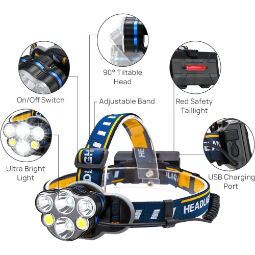 Lanterna de cabeça LED recarregável 1000LM 6 LEDs 8 modos 1