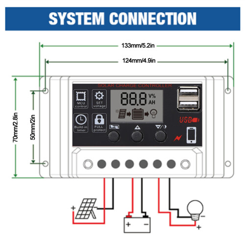 Solarregler 12V 24V LCD Dual USB 5V 2,5A 2