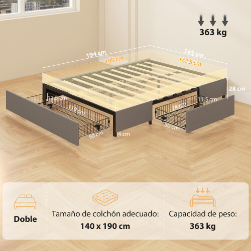 Homcom Cama de Matrimonio Gris 145 x 194 x 28 cm 2