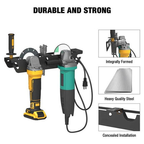 Metal Angle Grinder Bracket Wall-Mounted Double-Slot Tool Storage Rack with Built-in Cable Management Holes 1