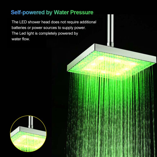 Square LED Rainfall Shower Head 8in RGB Color Change Temperature Sensor 1