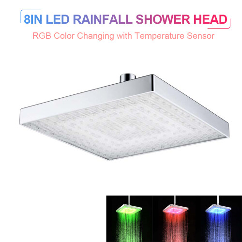 Square LED Rainfall Shower Head 8in RGB Color Change Temperature Sensor 2