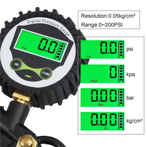 Medidor de Pressão de Pneus com Visor LCD Digital Retroiluminado e Capacidade de 200 PSI 1