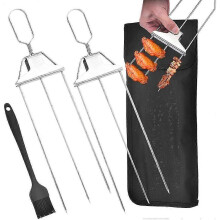 (2 Sets) 3 Way Grill Skewers, 3 Prong Stainless Steel Skewers For Grilling, Metal Grill Skewers Semi-automatic Grill Fork With Push Bar Slider