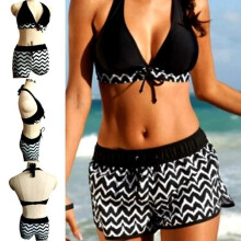 METISBOX Damen-Badeanzug, zweiteilig – Push-up + Shorts – Schwarz-Weiß