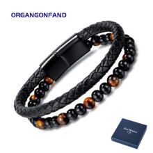 Bracciale da uomo – intrecciato a mano – occhio di tigre – bracciale in pelle con chiusura magnetica vintage