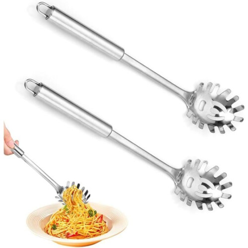 2 Spaghetti Spoons 30cm, Kitchen Pasta Spoon, Pasta Fork, Stainless Steel Spaghetti Serving Spoon