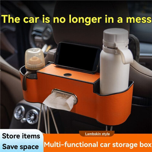 Universal Car Multi-Functional  Back Storage Bag Tissue Box with 2 Drink Holders 2 Hook Built-in Phone Holder Yellow 2
