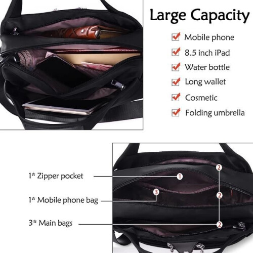 Women's handbag, Oxford shoulder bag, waterproof multi-functional bag with multiple compartments, black 1