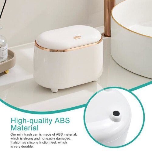 Tabletop Trash Can with Push-Button Lid, Small Bathroom Trash Can, Mini Office Trash Can, White 2