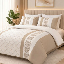 (Single, Beige & White) Double Brushed Microfiber Duvet Cover Set Reversible Design with Zipper Closure and Corner Ties