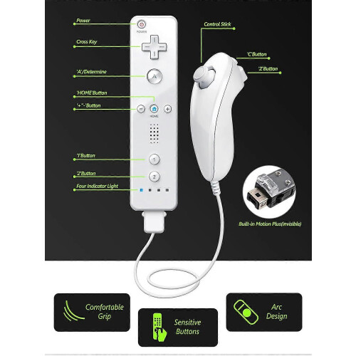 2PCS Motion Plus Remote Controller Compatible with Nintendo Wii and Wii U Console, Wireless Gaming Controller White 1