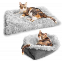 Small Pet Furry Self Warming Cat Mattress 2 in 1 Soft Plush Blanket (grey) - DD01